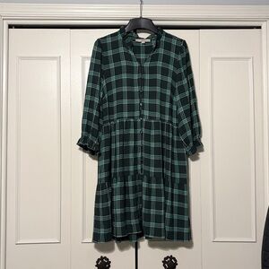 LOFT Dark Green Plaid Button Down Dress